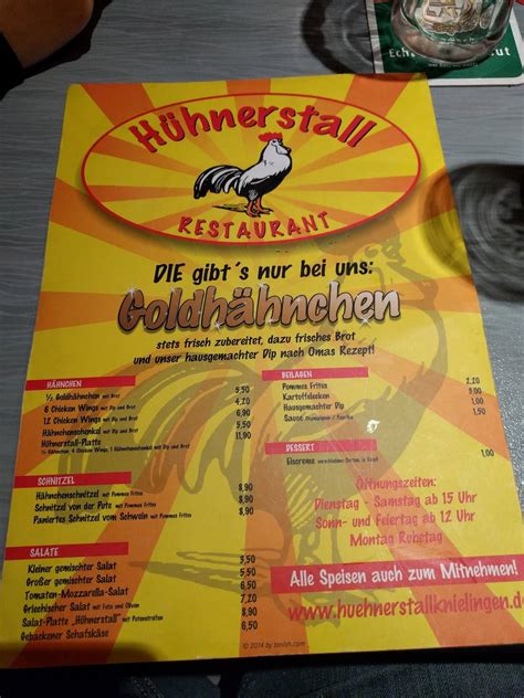 Menu at Huehnerstall Knielingen restaurant, Karlsruhe.